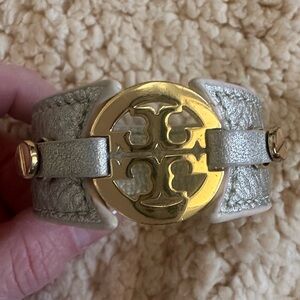 Tory Burch leather cuff bracelet with gold logo